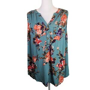 Market & Spruce Teal Floral Sleeveless Blouse 1X Rayon Button V-Neck